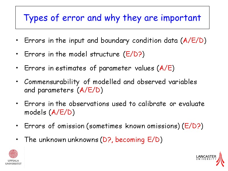 Errors in the input and boundary condition data (A/E/D) Errors in the model structure